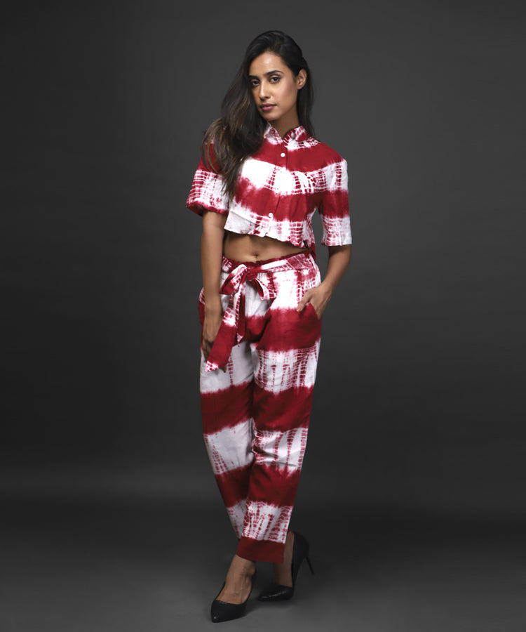 Women Tie & Dyed - CHERRY FUNK * Tie - Dye Co-ord Crop Shirt Pant Set#17