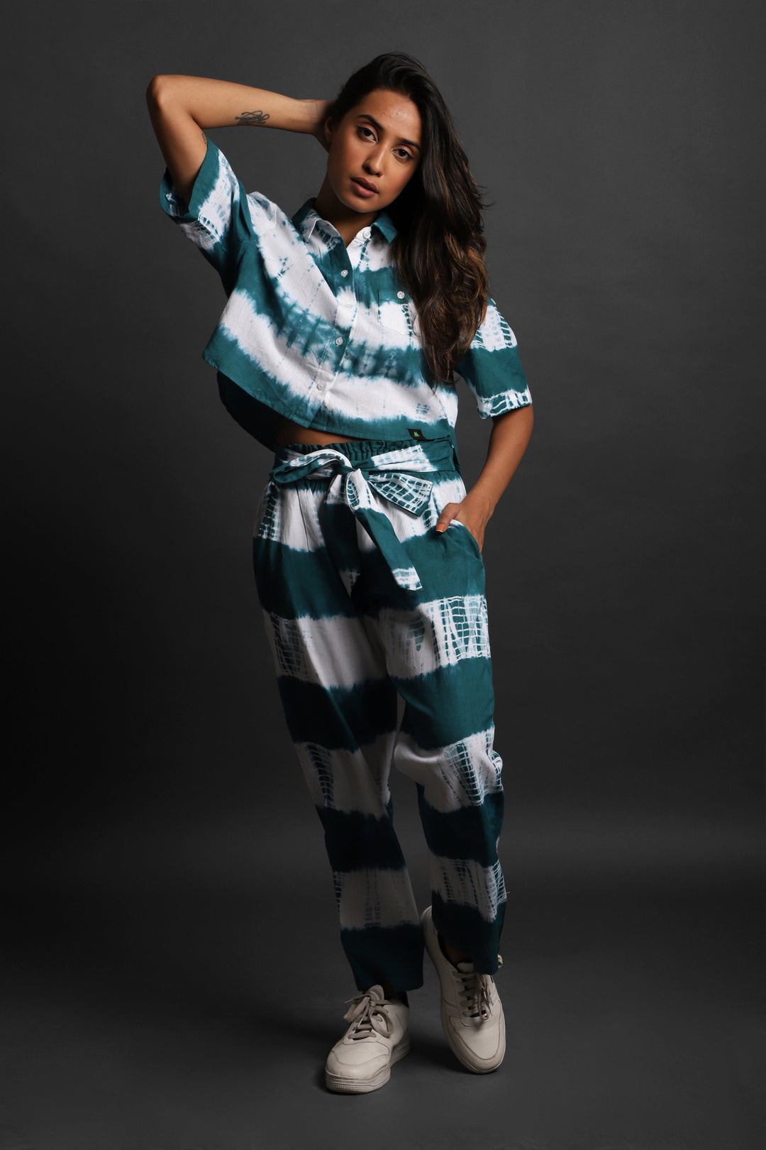 Women Tie & Dyed - Tie - Dye Co-ord Crop Shirt Pant Set#12