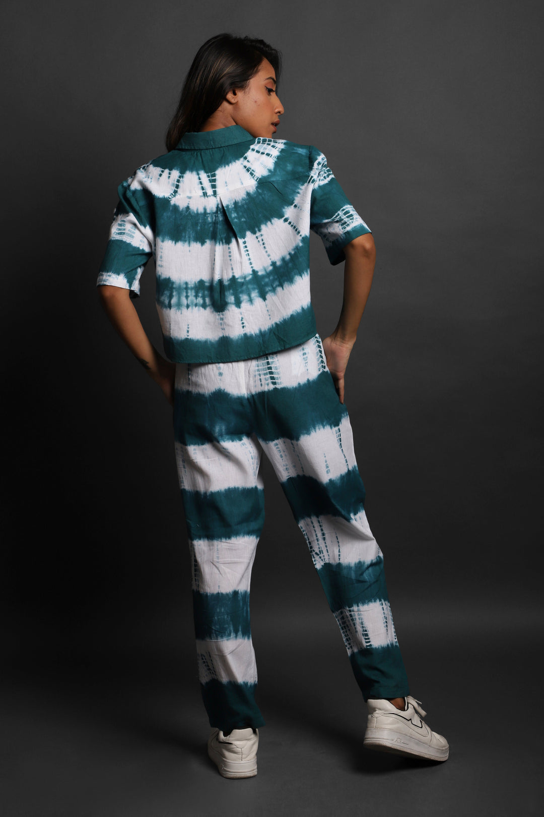 Women Tie & Dyed - Tie - Dye Co-ord Crop Shirt Pant Set#12