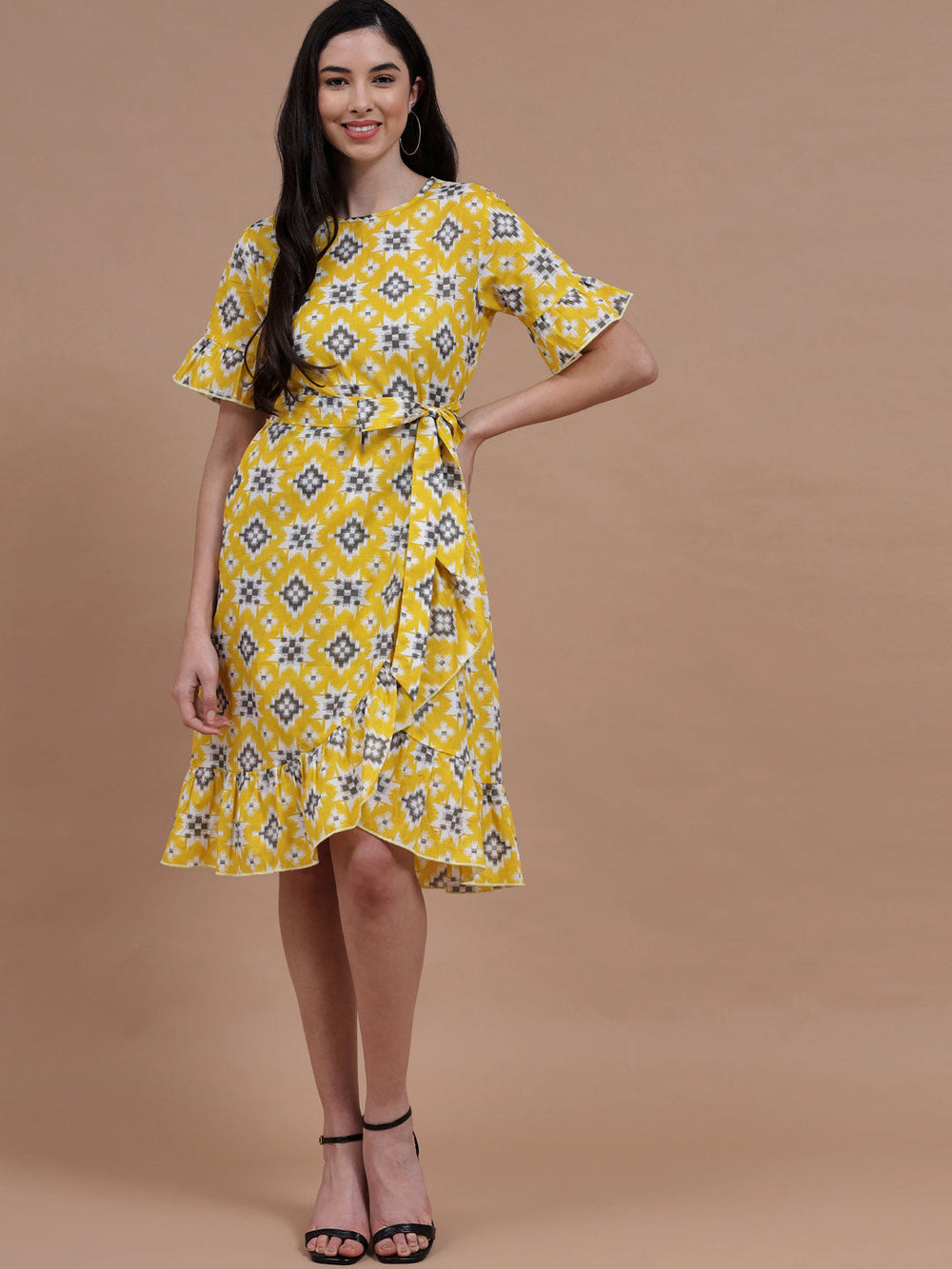 Women's Ruffle Dress - Bumblebee Printed Ruffle Dress#3