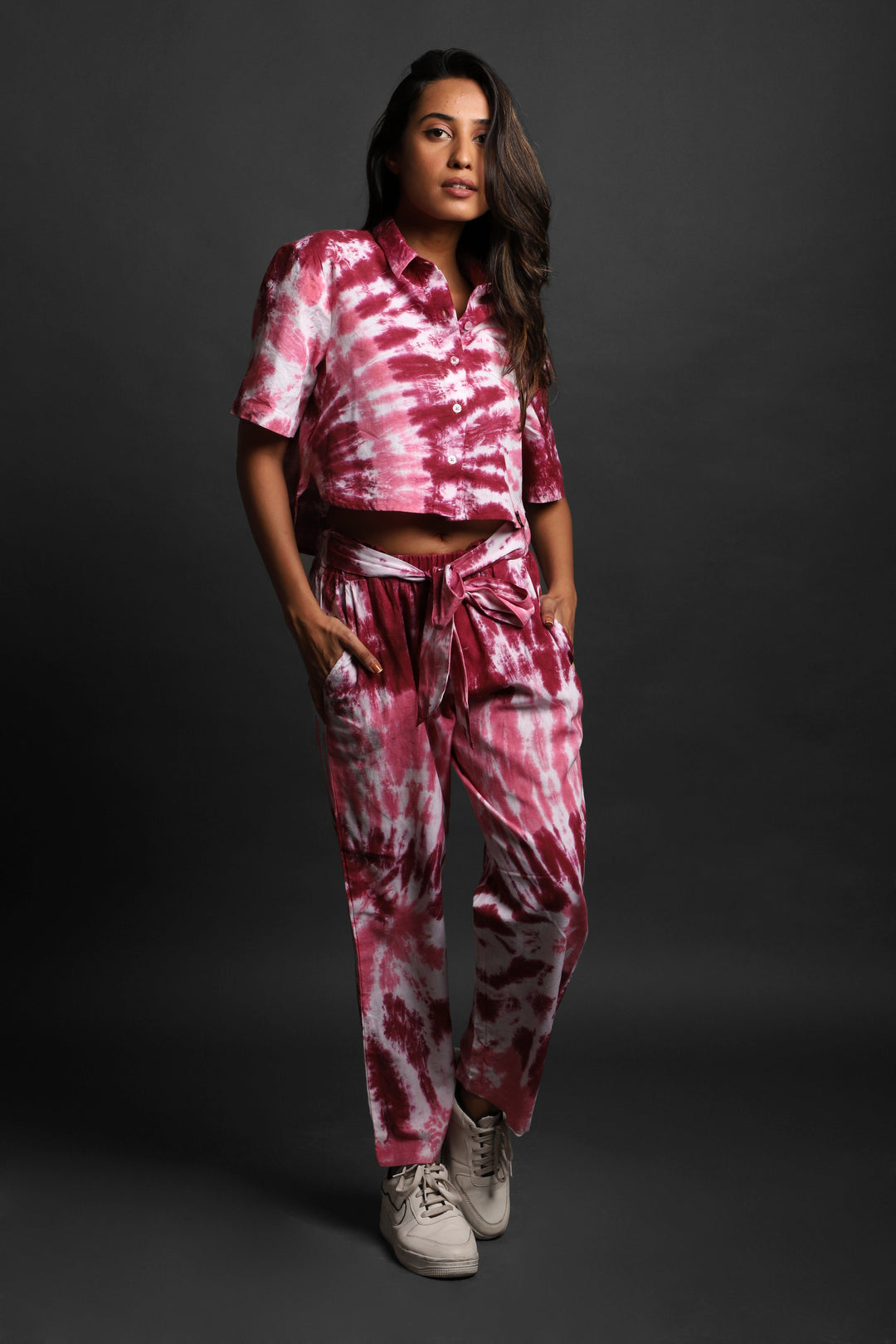 Women Tie & Dyed - Tie - Dye Co-ord Crop Shirt Pant Set#14