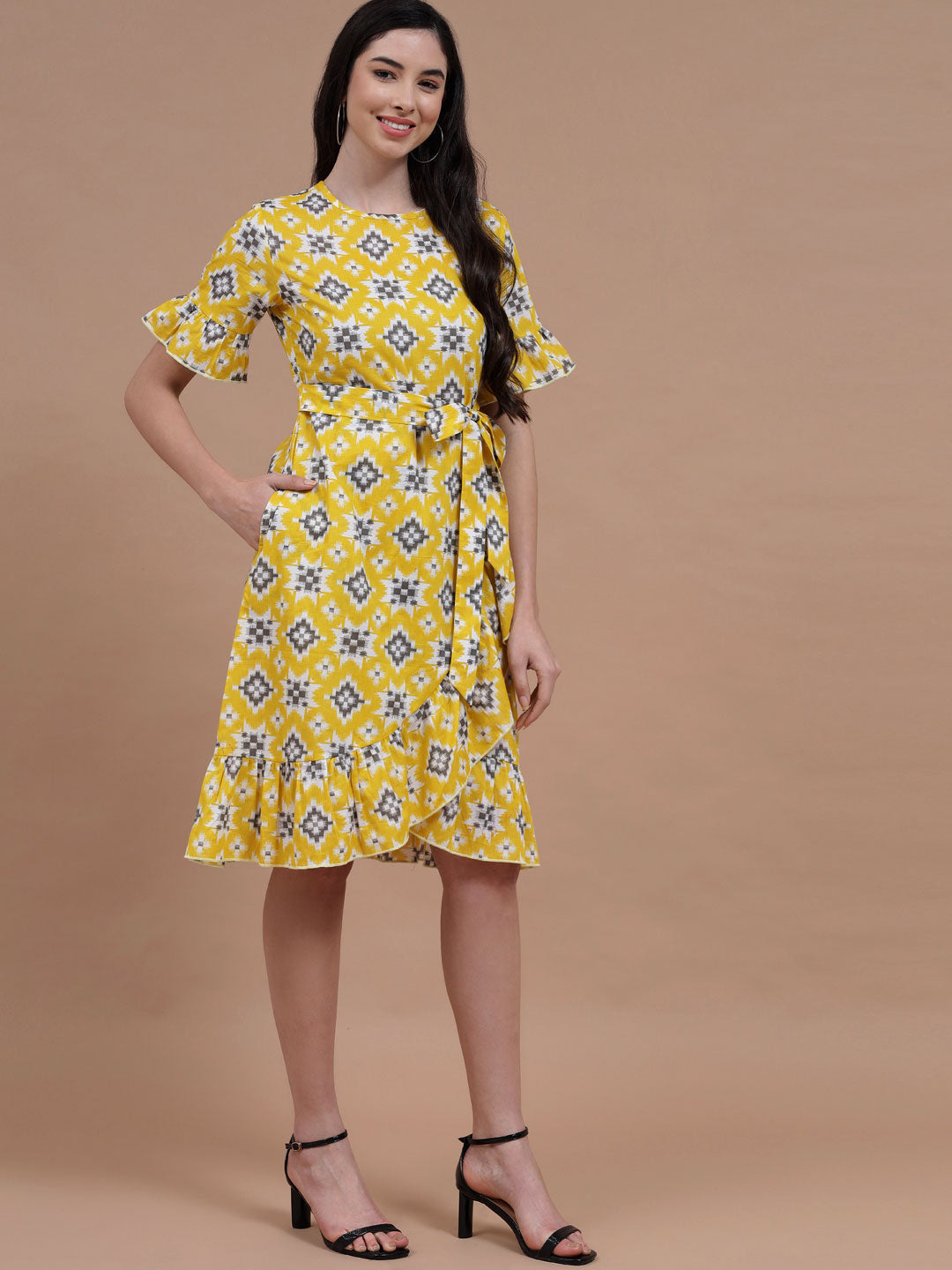 Women's Ruffle Dress - Bumblebee Printed Ruffle Dress#3