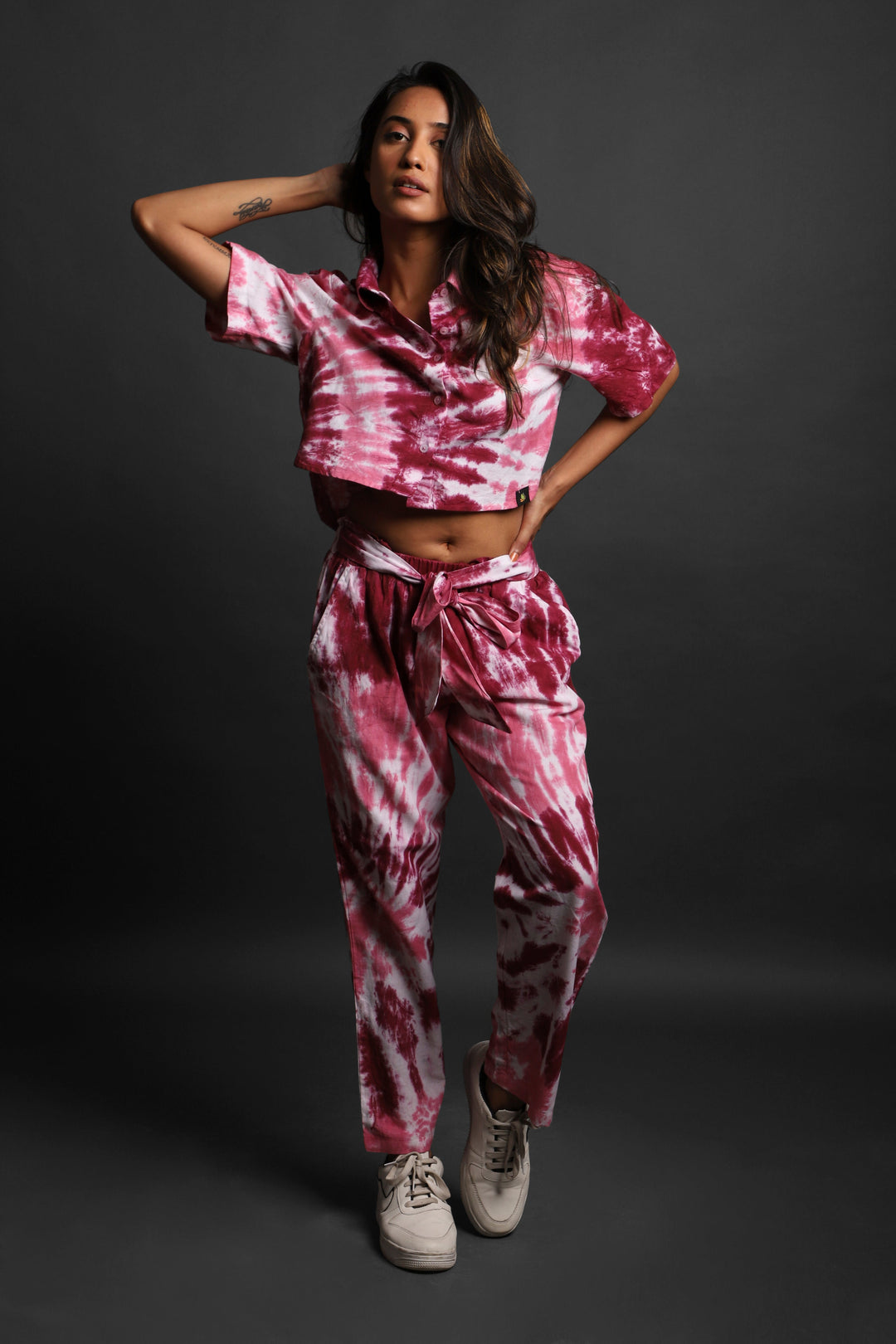 Women Tie & Dyed - Tie - Dye Co-ord Crop Shirt Pant Set#14