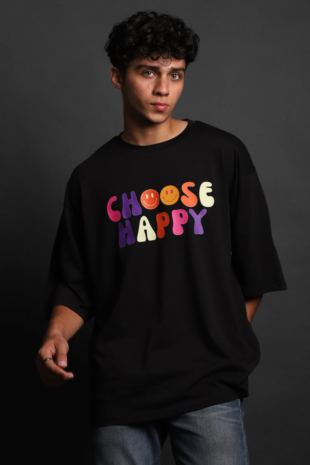 Printed Oversized Tee - CHOOSE HAPPY MEN'S PRINTED OVER SIZE TEE#16