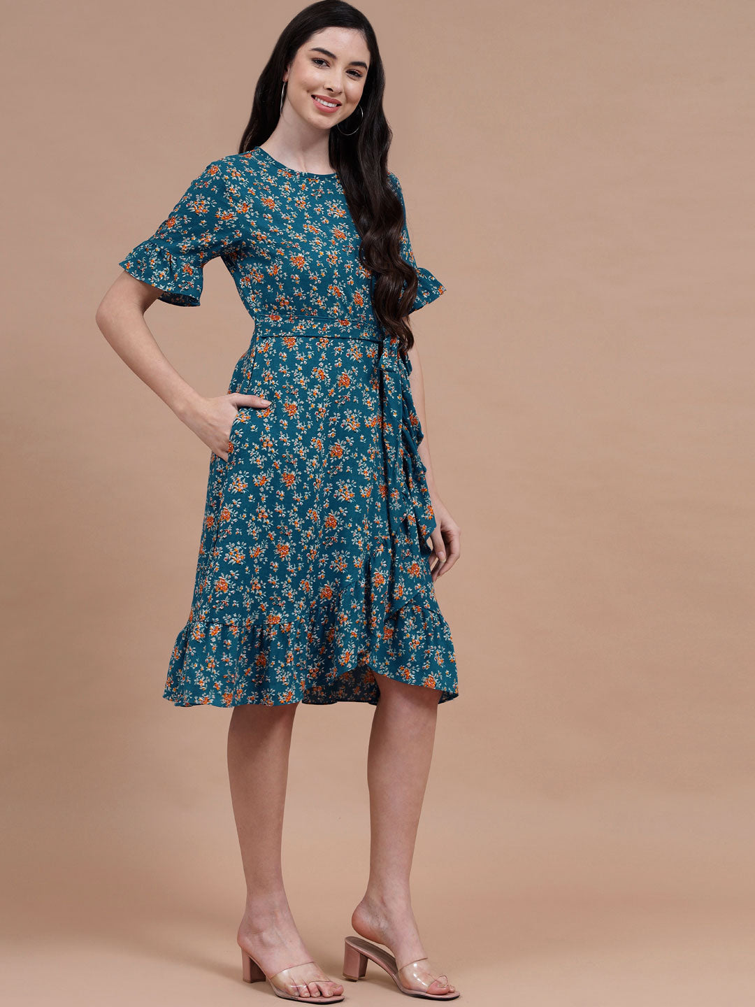 Women's Ruffle Dress - Blue Bloom Floral Ruffle Dress#6