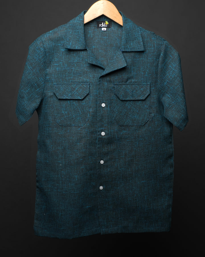 Teal*Textured Cotton Cuban Collar shirt #48