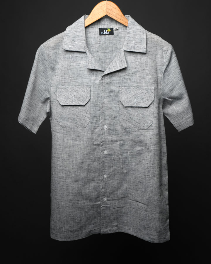 Grey*Textured Cotton Cuban Collar shirt #50
